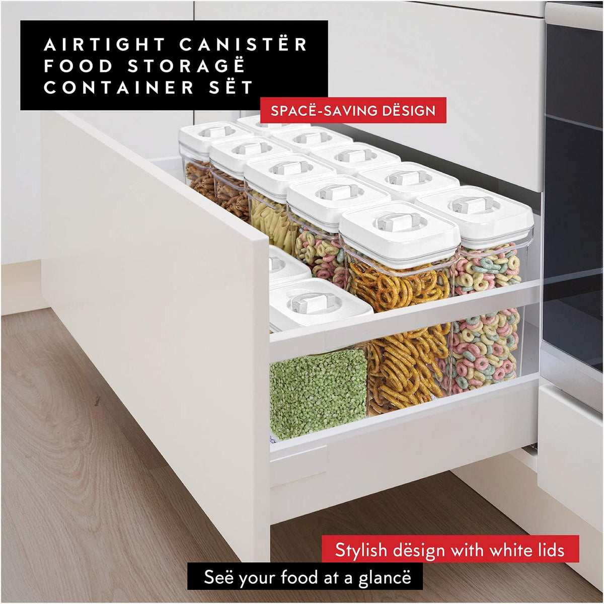 Airtight Food Storage Containers with White Lids 2L - 4 Pc Clear Plastic Pantry Snacks Kitchen Container, Baking Supplies, 4LB Sugar & Flour Canister BPA-Free