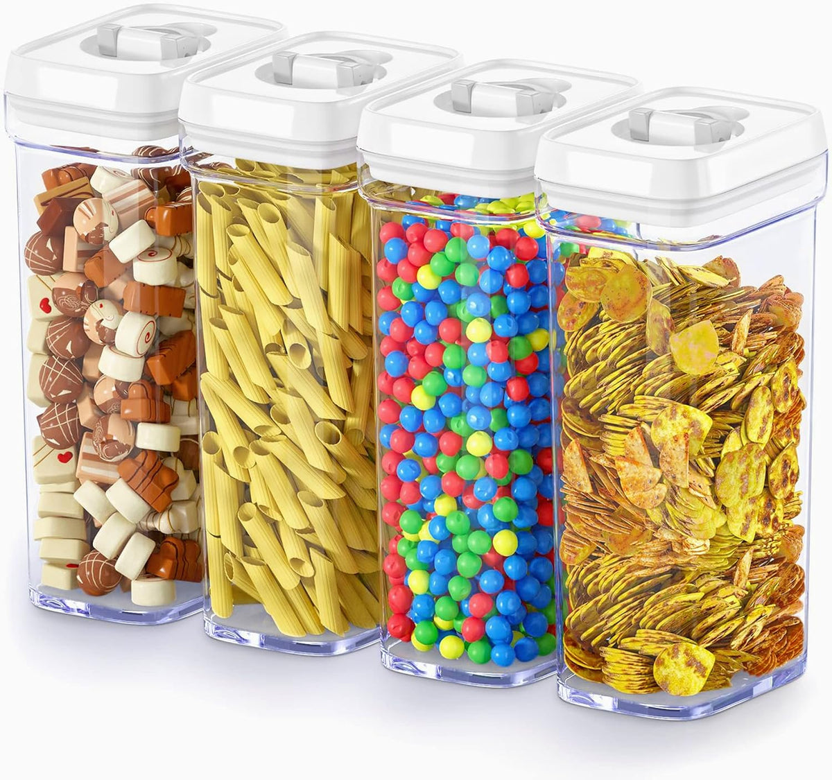 Airtight Food Storage Containers with White Lids 2L - 4 Pc Clear Plastic Pantry Snacks Kitchen Container, Baking Supplies, 4LB Sugar & Flour Canister BPA-Free