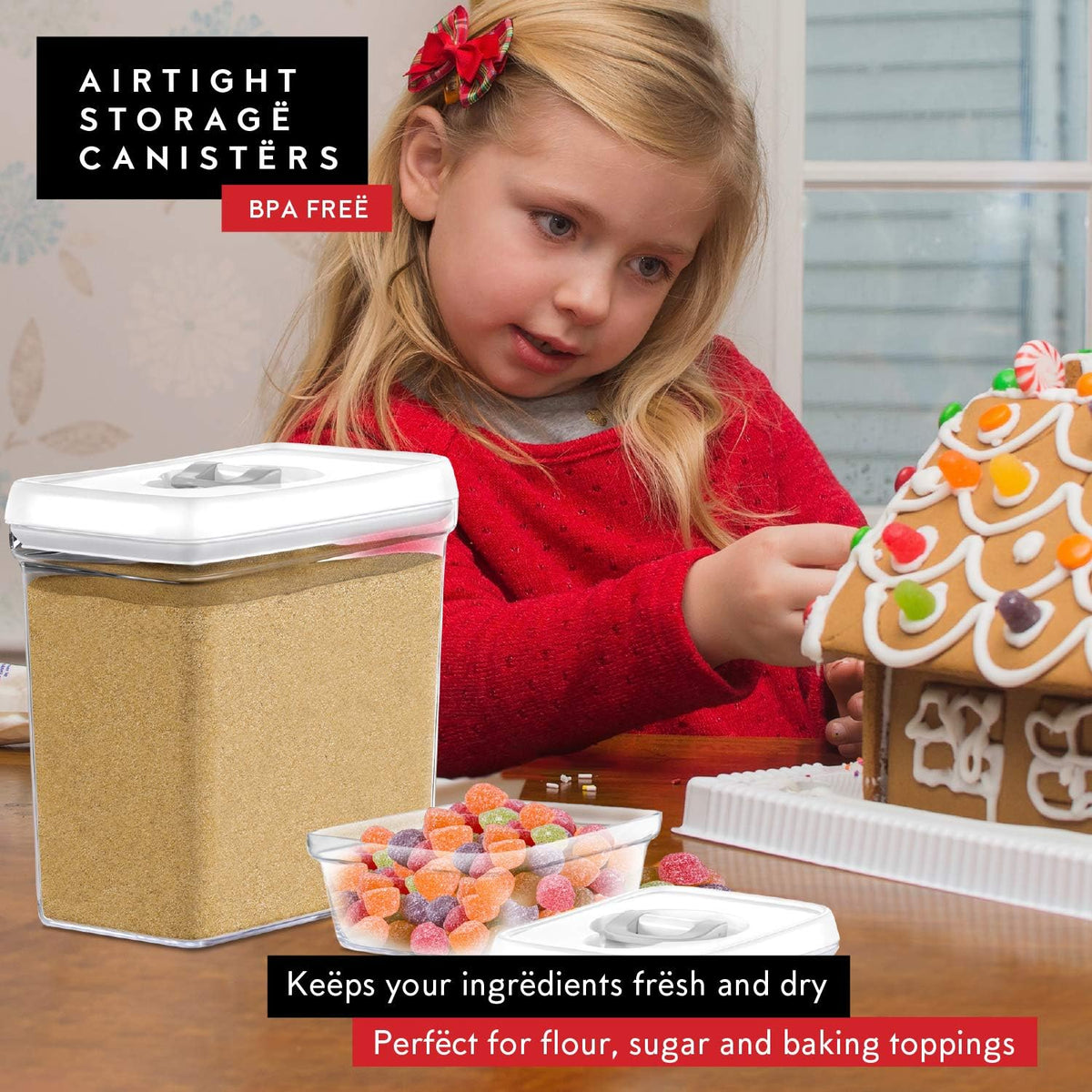 Airtight Food Storage Containers with White Lids 2L - 4 Pc Clear Plastic Pantry Snacks Kitchen Container, Baking Supplies, 4LB Sugar & Flour Canister BPA-Free