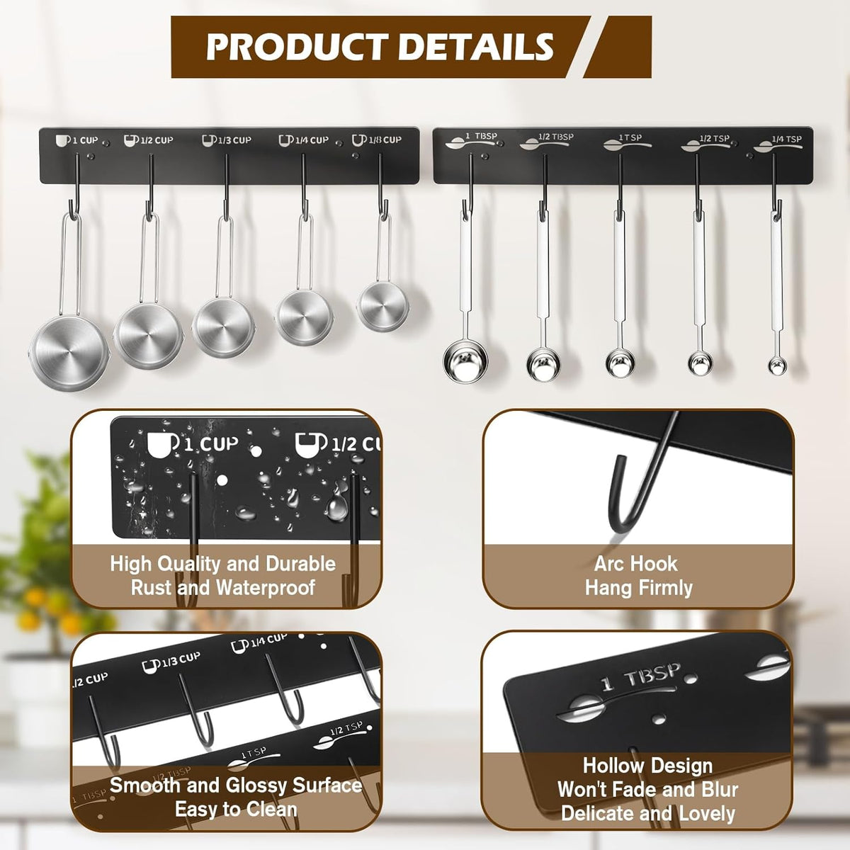 2 Pack Measuring Cups and Spoons Hanging Rack, Black Hanging Cups and Spoons Rack, Space Saving Kitchen Utensil Holder, Including Screw and Adhesive Mounting