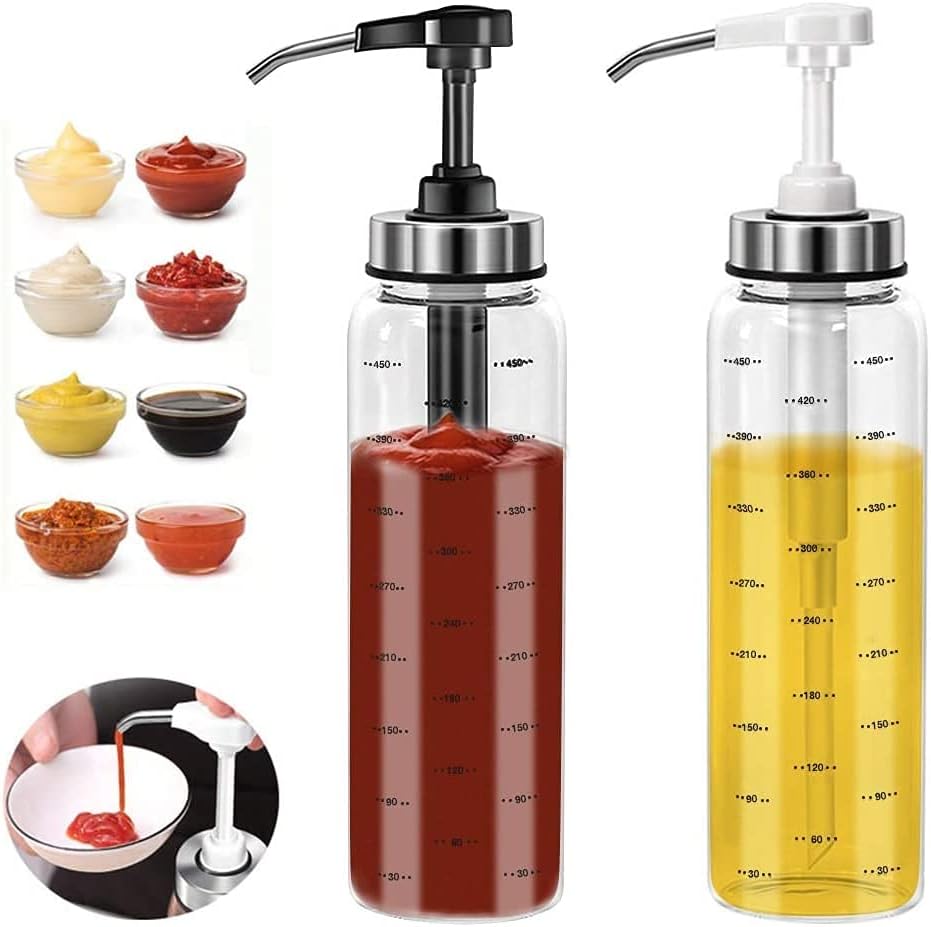 Sauce Squeeze Bottle Set, No Drip Glass, 17 Oz Big Olive Oil Dispenser, Ketchup & Dressing Bottle, Sticky Sauce Squeezer for Kitchen & BBQ (2 Pack)