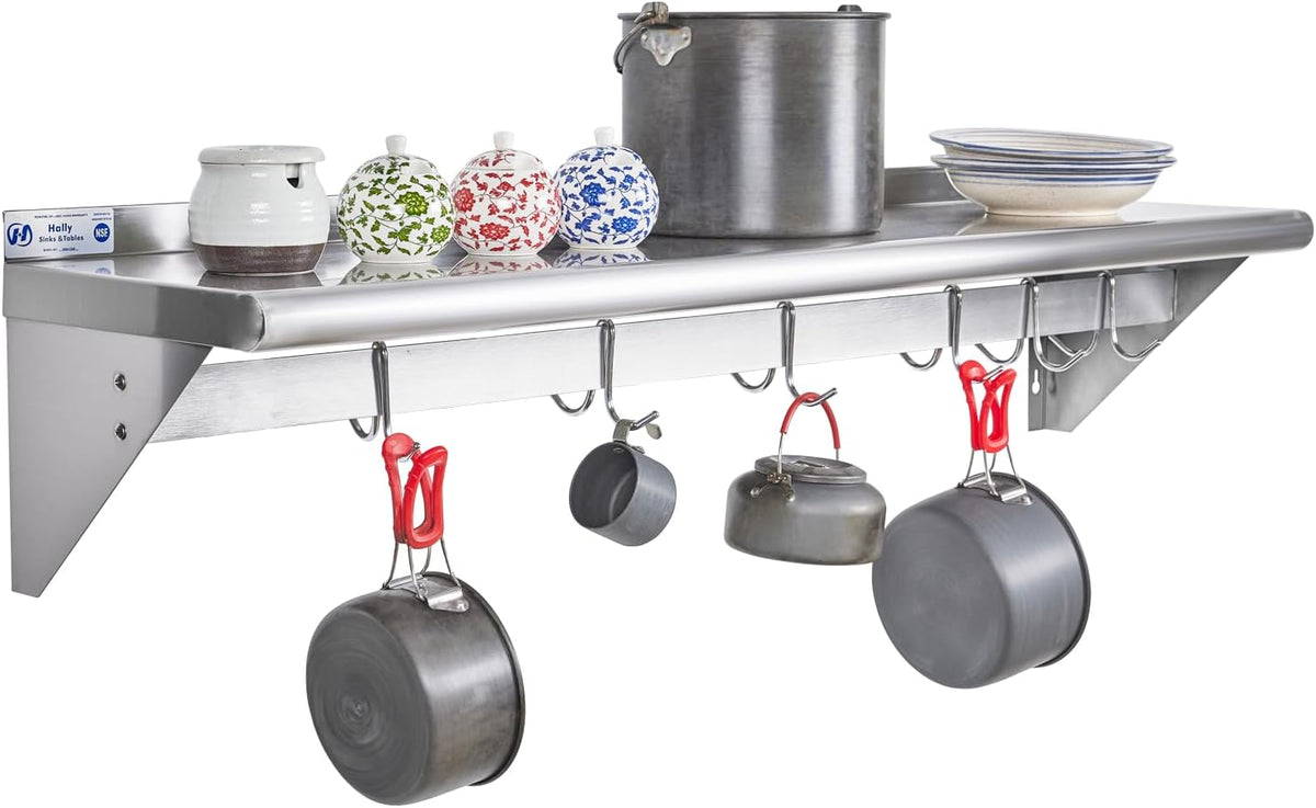 Hally Stainless Steel Shelf with 6 Hooks 12"x48" Wall Mounted Pot Rack NSF