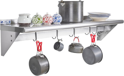 Hally Stainless Steel Shelf with 6 Hooks 12"x48" Wall Mounted Pot Rack NSF