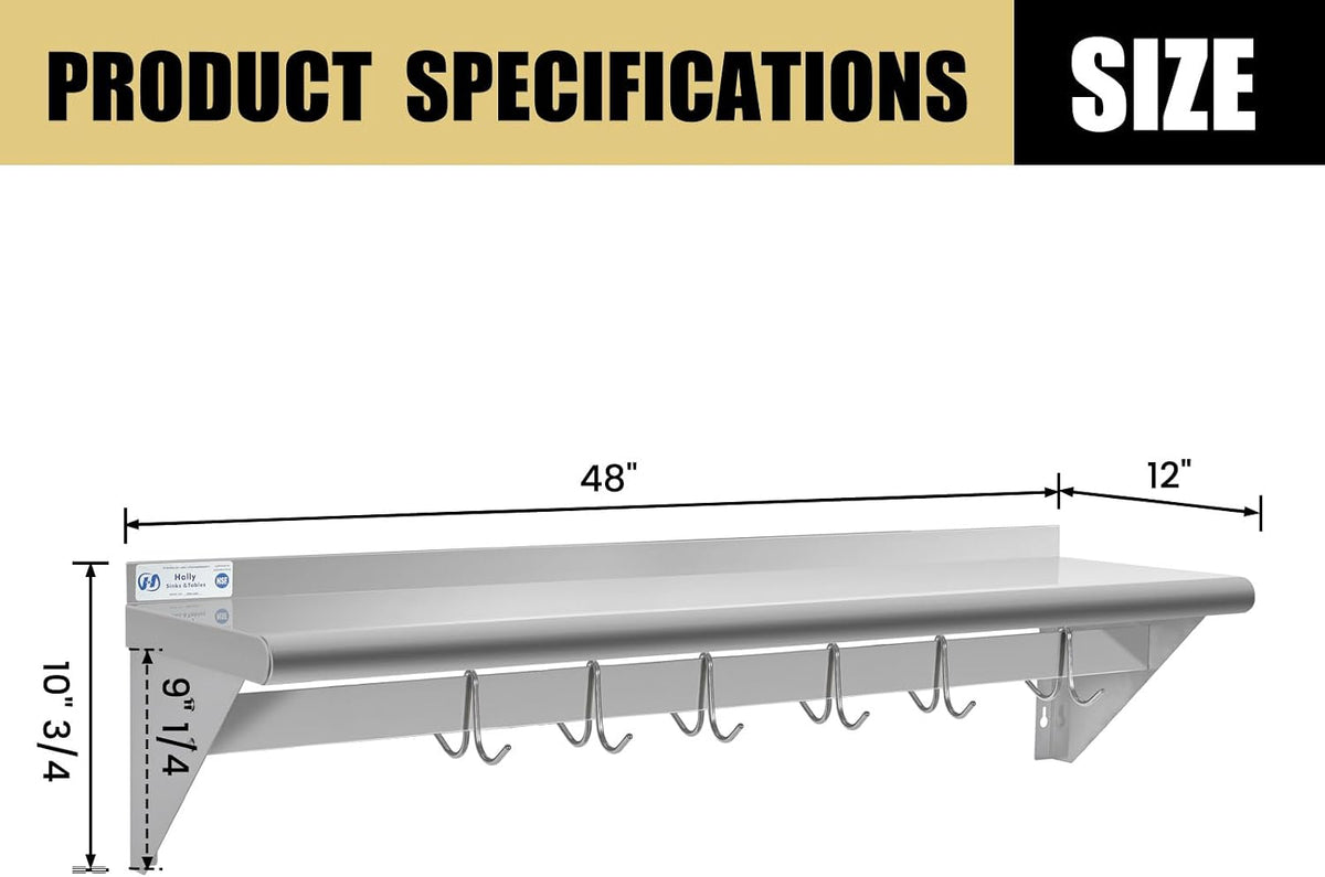 Hally Stainless Steel Shelf with 6 Hooks 12"x48" Wall Mounted Pot Rack NSF