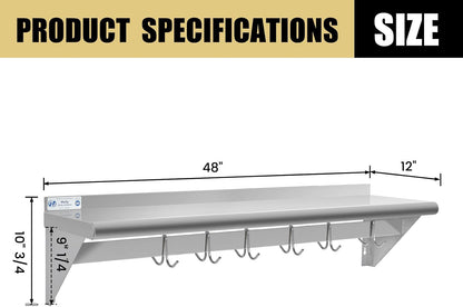 Hally Stainless Steel Shelf with 6 Hooks 12"x48" Wall Mounted Pot Rack NSF