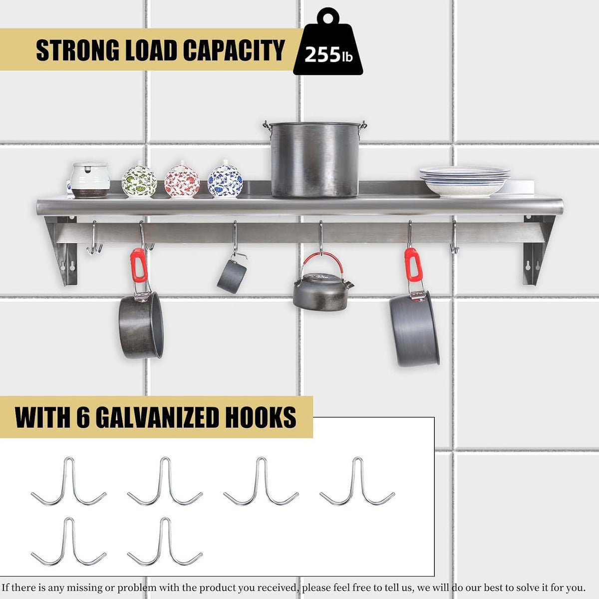 Hally Stainless Steel Shelf with 6 Hooks 12"x48" Wall Mounted Pot Rack NSF