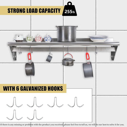 Hally Stainless Steel Shelf with 6 Hooks 12"x48" Wall Mounted Pot Rack NSF