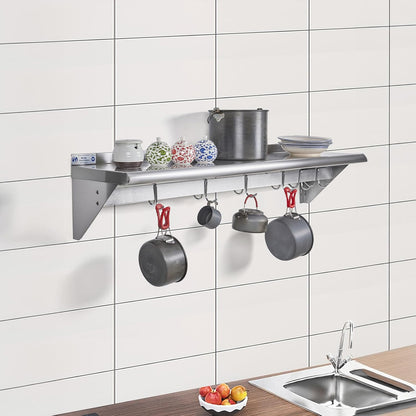Hally Stainless Steel Shelf with 6 Hooks 12"x48" Wall Mounted Pot Rack NSF
