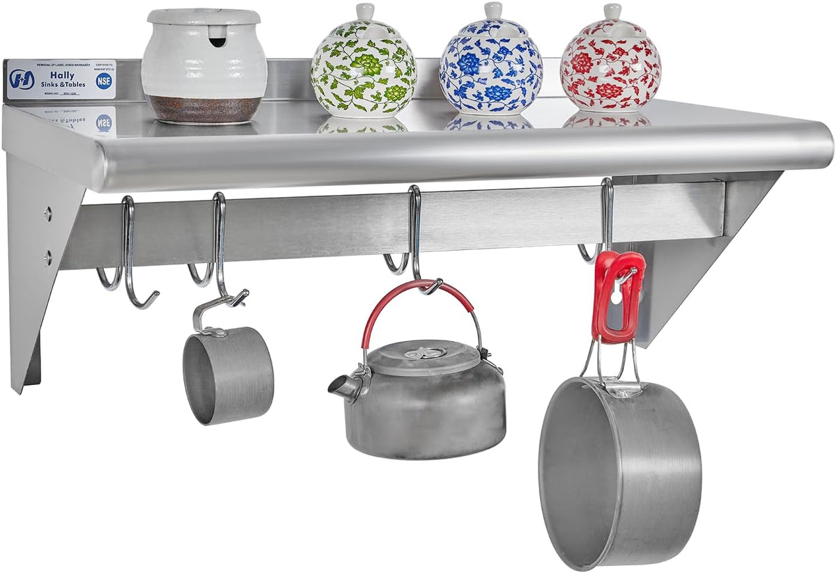 Hally Stainless Steel Shelf with 6 Hooks 12"x48" Wall Mounted Pot Rack NSF