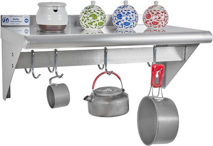 Hally Stainless Steel Shelf with 6 Hooks 12"x48" Wall Mounted Pot Rack NSF
