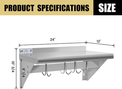 Hally Stainless Steel Shelf with 6 Hooks 12"x48" Wall Mounted Pot Rack NSF