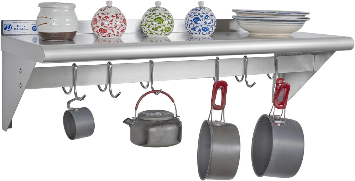 Hally Stainless Steel Shelf with 6 Hooks 12"x48" Wall Mounted Pot Rack NSF