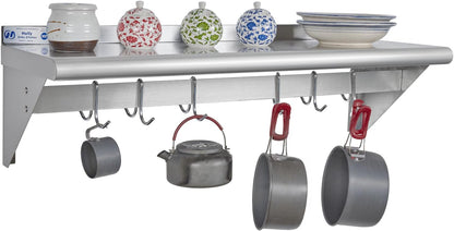Hally Stainless Steel Shelf with 6 Hooks 12"x48" Wall Mounted Pot Rack NSF