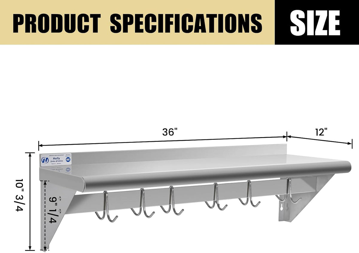 Hally Stainless Steel Shelf with 6 Hooks 12"x48" Wall Mounted Pot Rack NSF