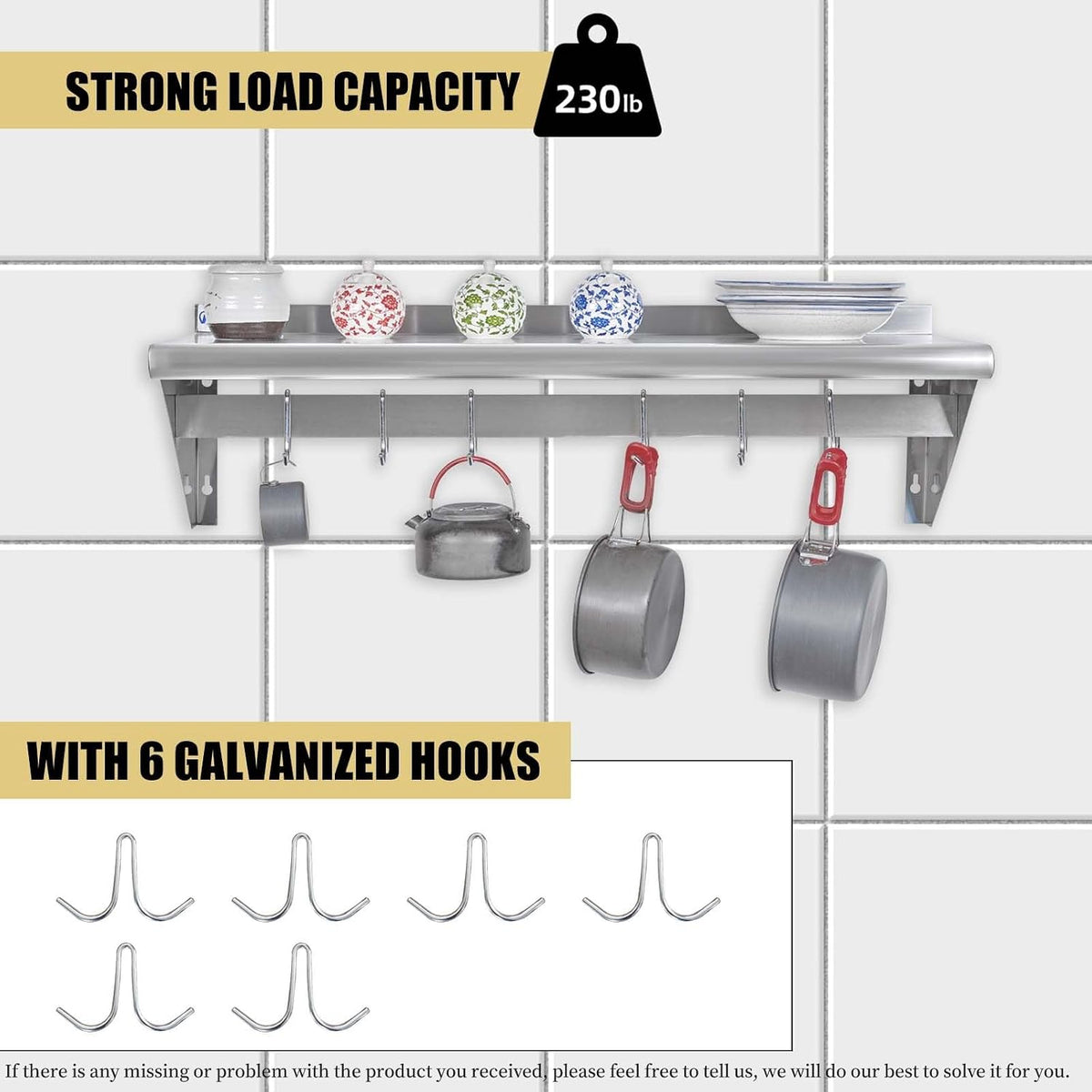 Hally Stainless Steel Shelf with 6 Hooks 12"x48" Wall Mounted Pot Rack NSF