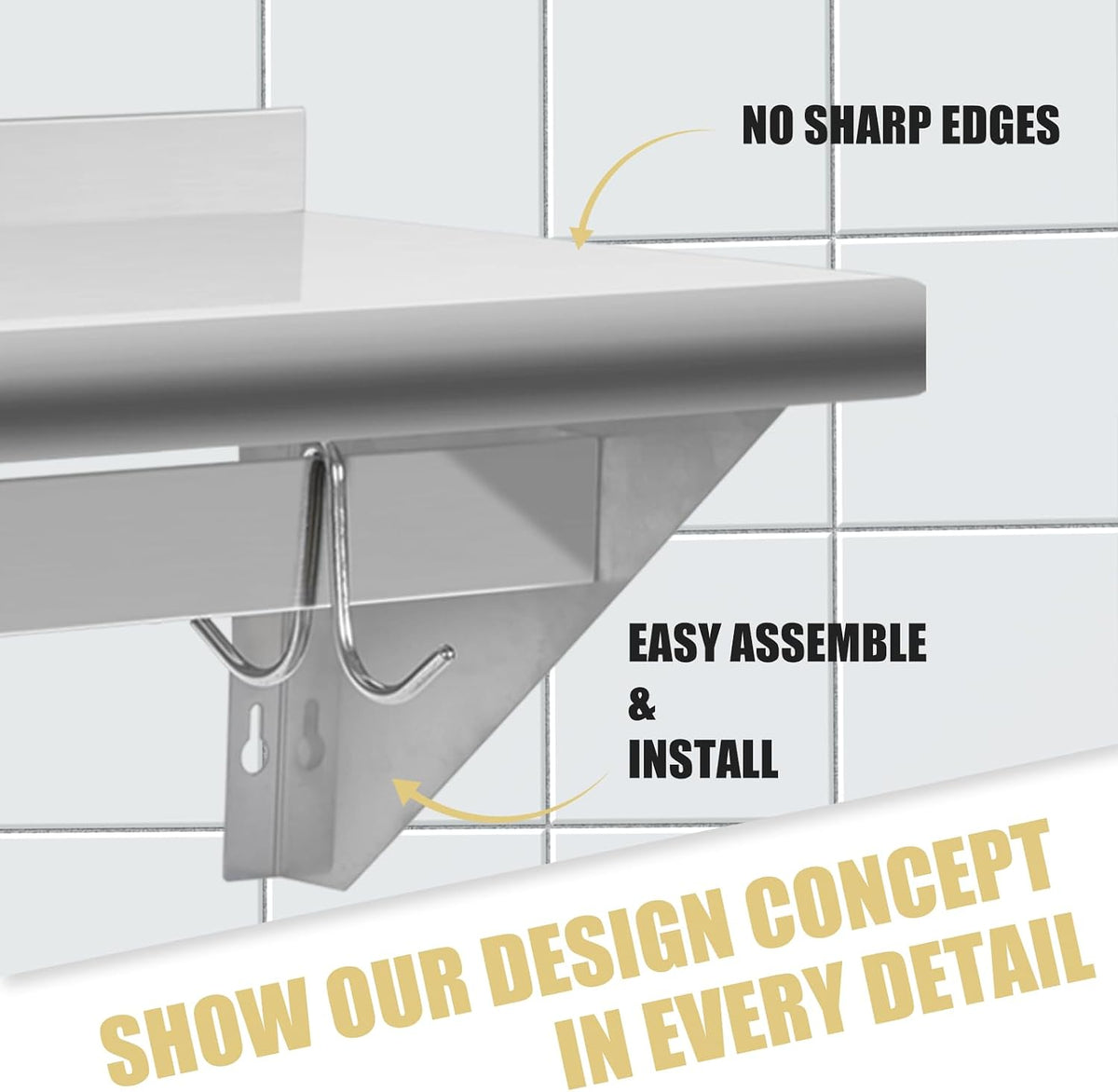 Hally Stainless Steel Shelf with 6 Hooks 12"x48" Wall Mounted Pot Rack NSF