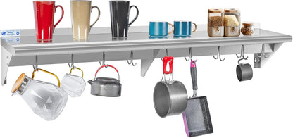 Hally Stainless Steel Shelf with 6 Hooks 12"x48" Wall Mounted Pot Rack NSF