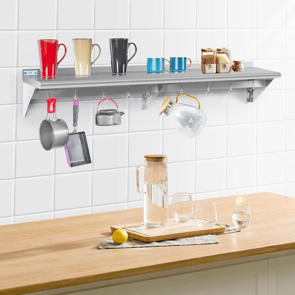 Hally Stainless Steel Shelf with 6 Hooks 12"x48" Wall Mounted Pot Rack NSF