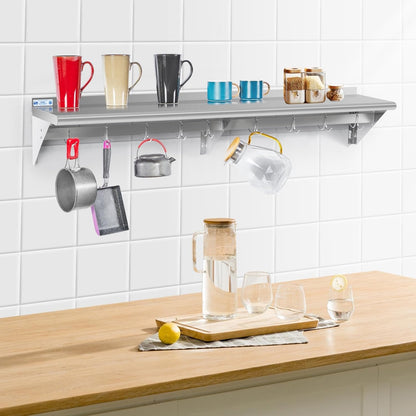 Hally Stainless Steel Shelf with 6 Hooks 12"x48" Wall Mounted Pot Rack NSF