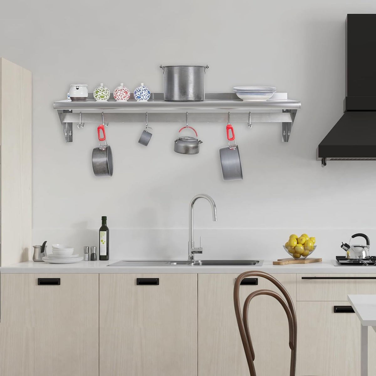 Hally Stainless Steel Shelf with 6 Hooks 12"x48" Wall Mounted Pot Rack NSF