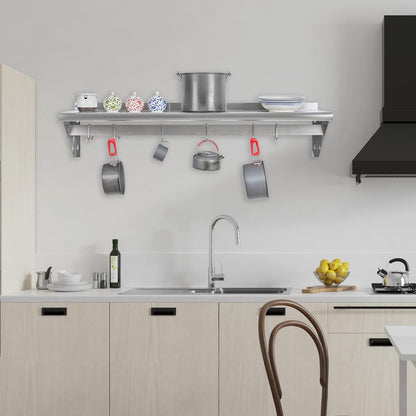 Hally Stainless Steel Shelf with 6 Hooks 12"x48" Wall Mounted Pot Rack NSF