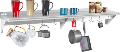 Hally Stainless Steel Shelf with 6 Hooks 12"x48" Wall Mounted Pot Rack NSF