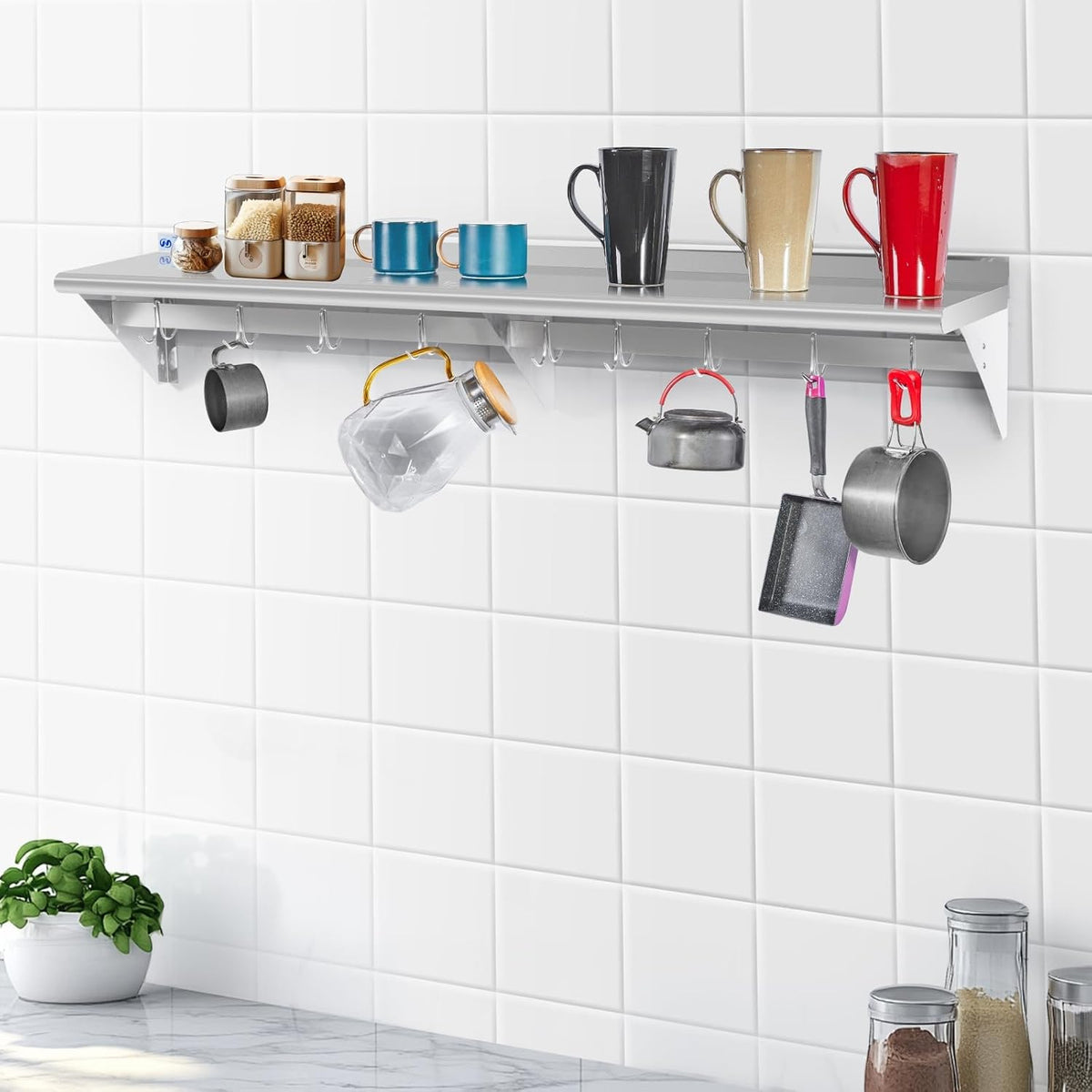 Hally Stainless Steel Shelf with 6 Hooks 12"x48" Wall Mounted Pot Rack NSF