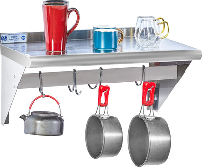Hally Stainless Steel Shelf with 6 Hooks 12"x48" Wall Mounted Pot Rack NSF