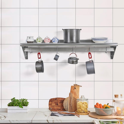Hally Stainless Steel Shelf with 6 Hooks 12"x48" Wall Mounted Pot Rack NSF