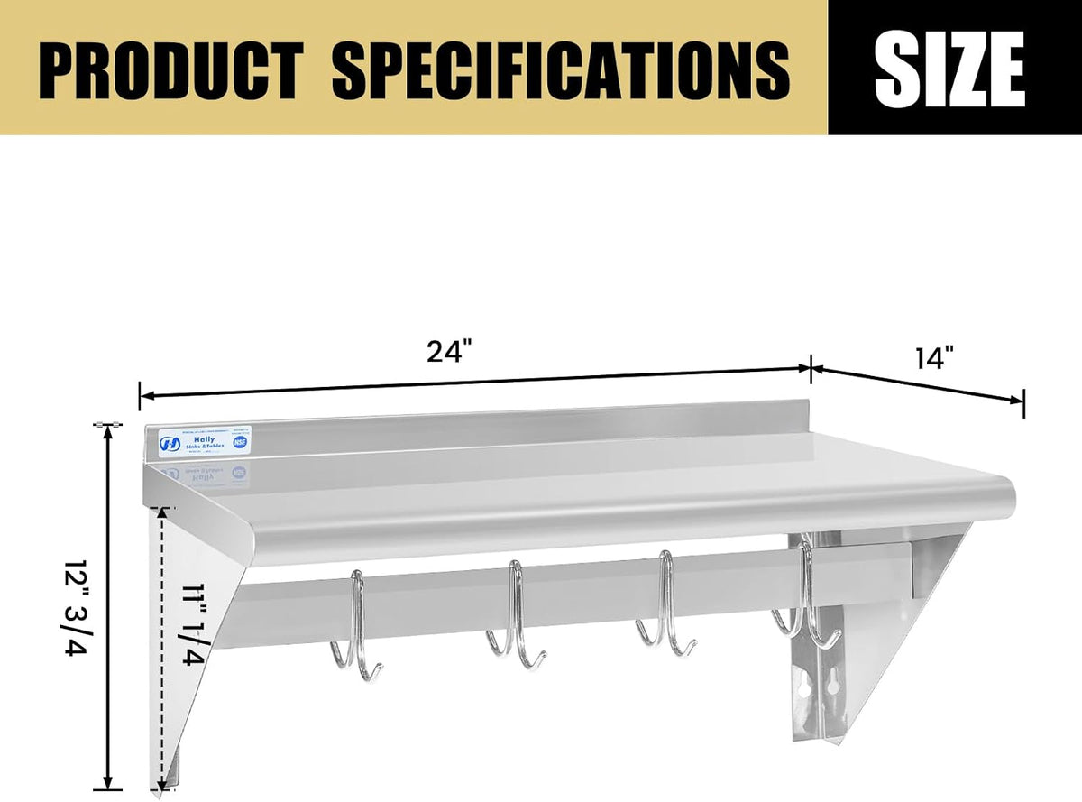 Hally Stainless Steel Shelf with 6 Hooks 12"x48" Wall Mounted Pot Rack NSF
