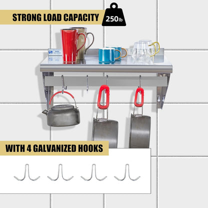 Hally Stainless Steel Shelf with 6 Hooks 12"x48" Wall Mounted Pot Rack NSF