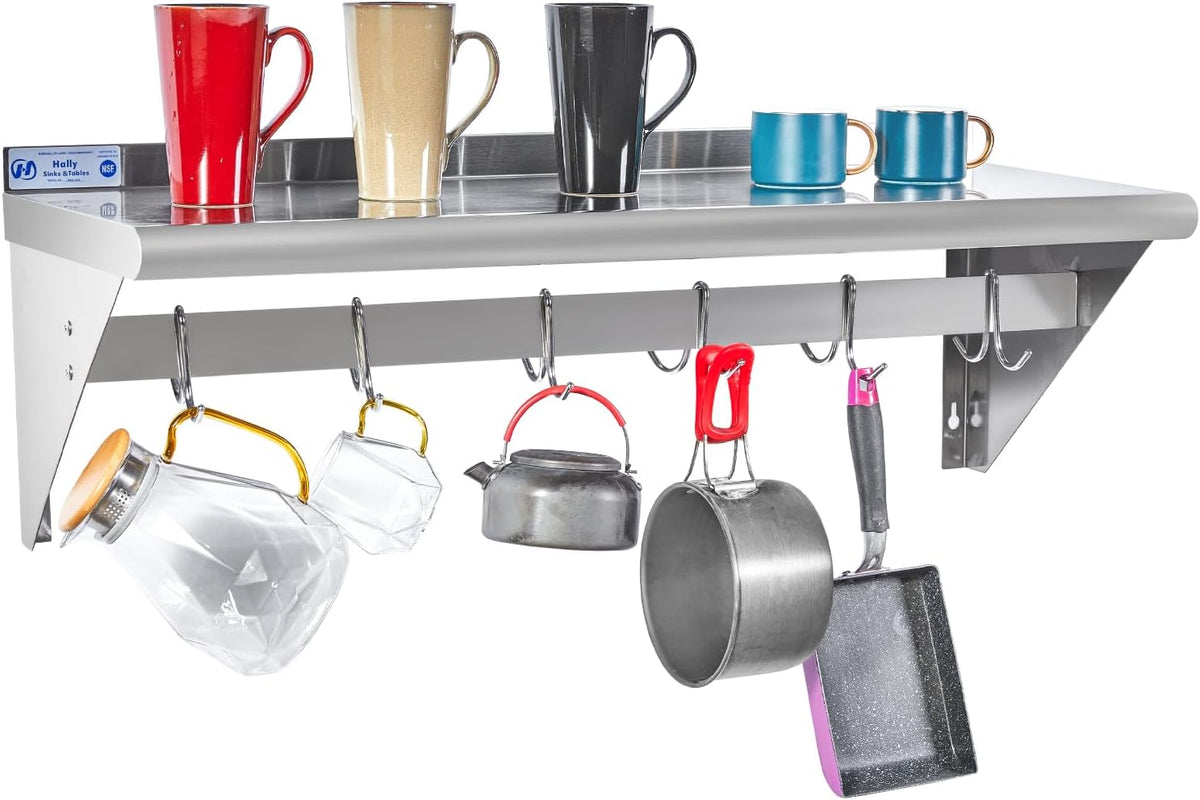 Hally Stainless Steel Shelf with 6 Hooks 12"x48" Wall Mounted Pot Rack NSF