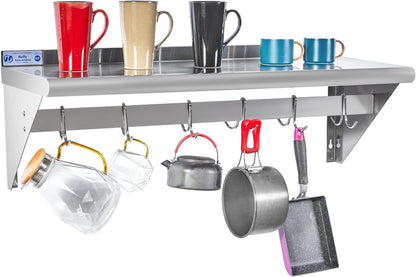 Hally Stainless Steel Shelf with 6 Hooks 12"x48" Wall Mounted Pot Rack NSF