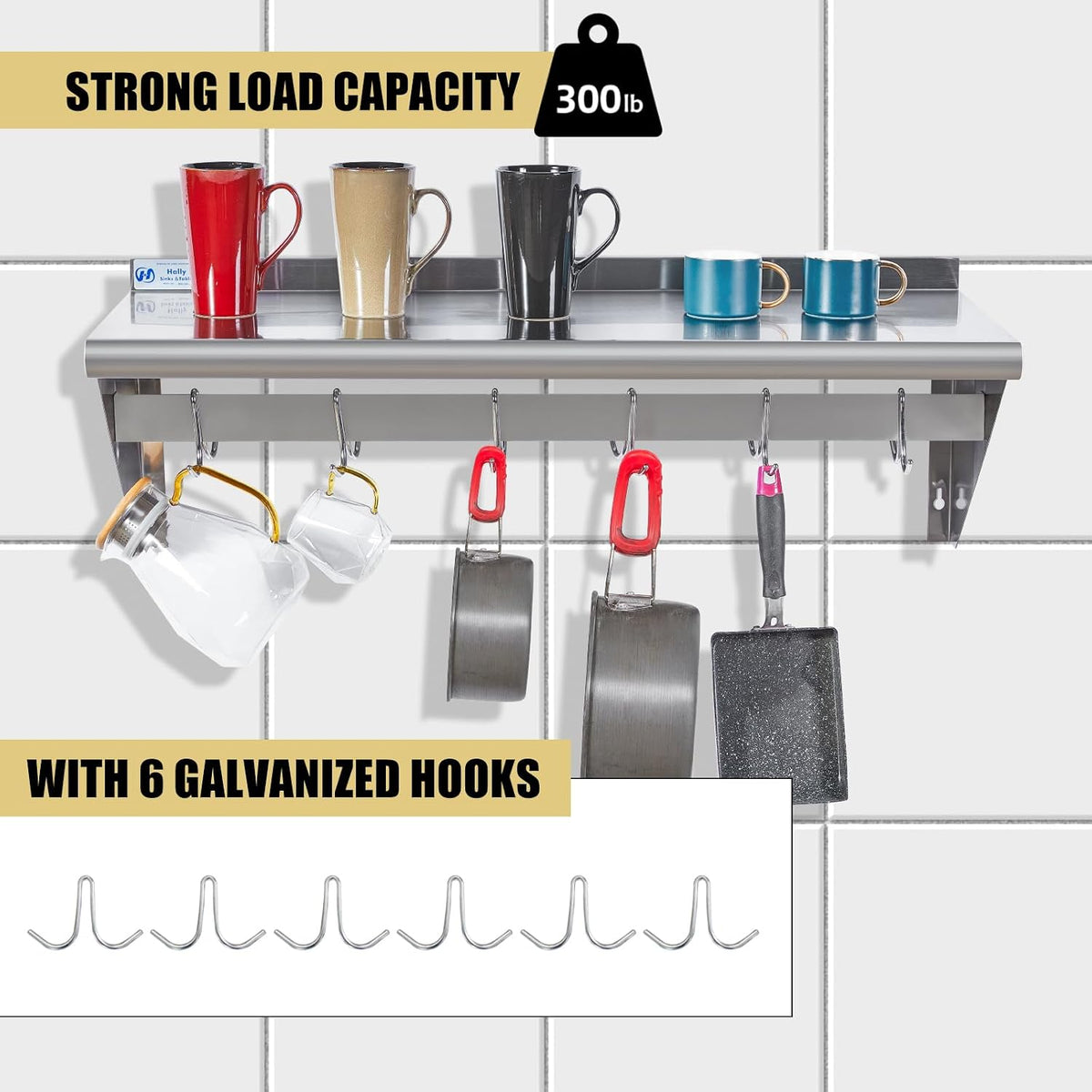 Hally Stainless Steel Shelf with 6 Hooks 12"x48" Wall Mounted Pot Rack NSF
