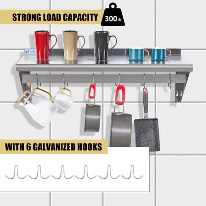 Hally Stainless Steel Shelf with 6 Hooks 12"x48" Wall Mounted Pot Rack NSF