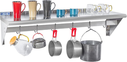 Hally Stainless Steel Shelf with 6 Hooks 12"x48" Wall Mounted Pot Rack NSF