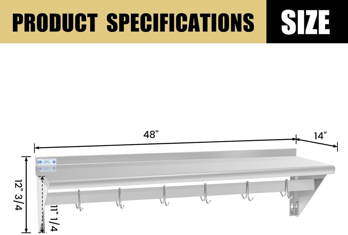 Hally Stainless Steel Shelf with 6 Hooks 12"x48" Wall Mounted Pot Rack NSF