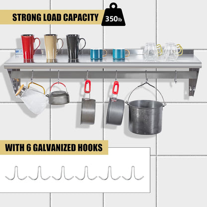 Hally Stainless Steel Shelf with 6 Hooks 12"x48" Wall Mounted Pot Rack NSF