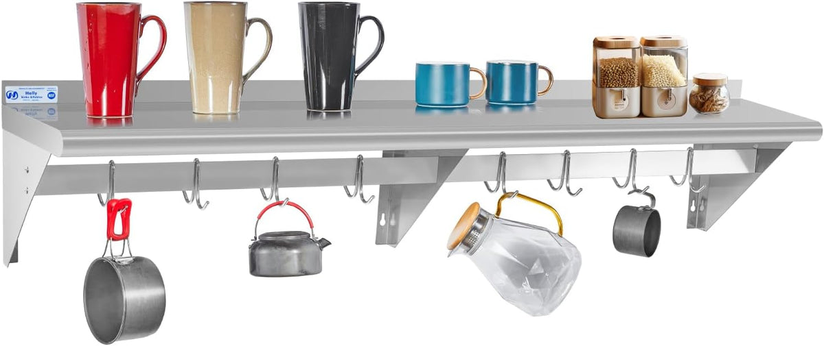 Hally Stainless Steel Shelf with 6 Hooks 12"x48" Wall Mounted Pot Rack NSF