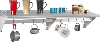 Hally Stainless Steel Shelf with 6 Hooks 12"x48" Wall Mounted Pot Rack NSF