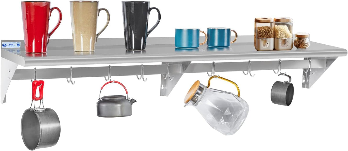 Hally Stainless Steel Shelf with 6 Hooks 12"x48" Wall Mounted Pot Rack NSF