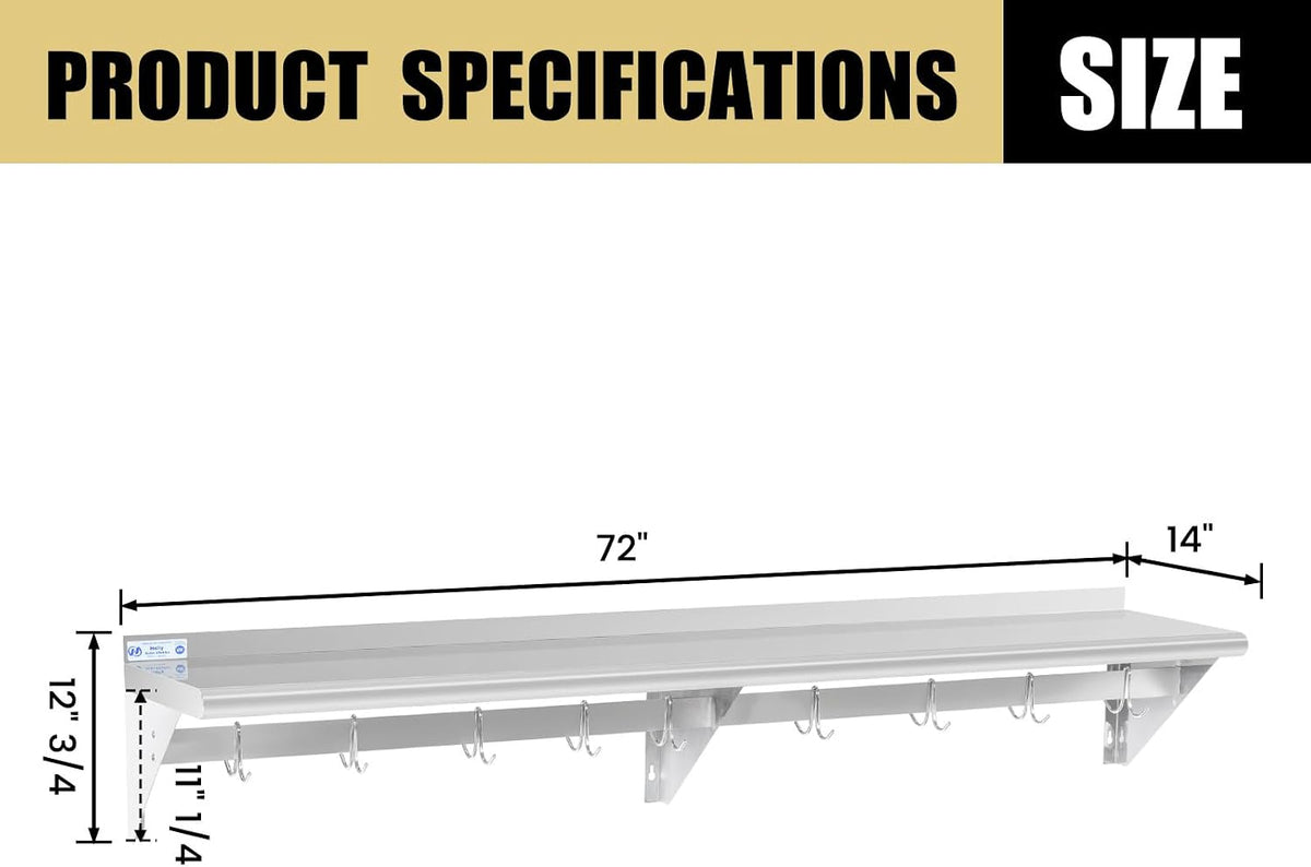Hally Stainless Steel Shelf with 6 Hooks 12"x48" Wall Mounted Pot Rack NSF