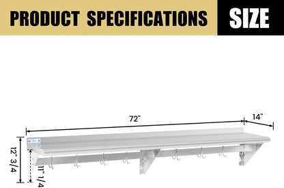 Hally Stainless Steel Shelf with 6 Hooks 12"x48" Wall Mounted Pot Rack NSF