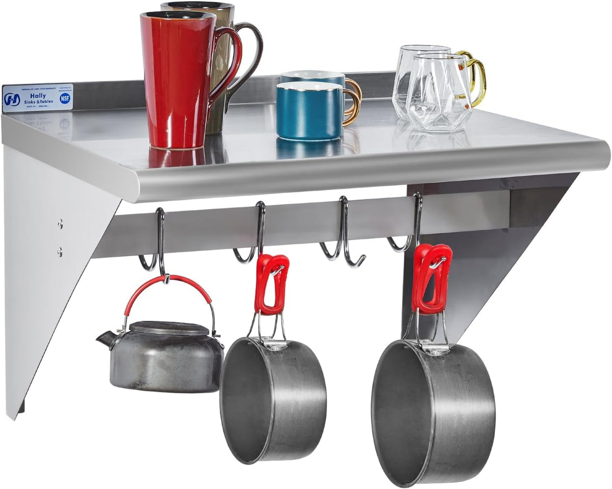 Hally Stainless Steel Shelf with 6 Hooks 12"x48" Wall Mounted Pot Rack NSF