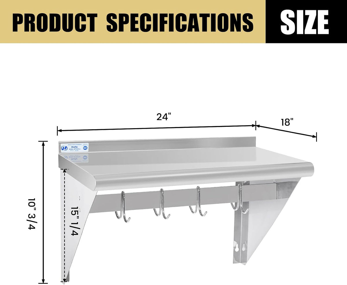 Hally Stainless Steel Shelf with 6 Hooks 12"x48" Wall Mounted Pot Rack NSF