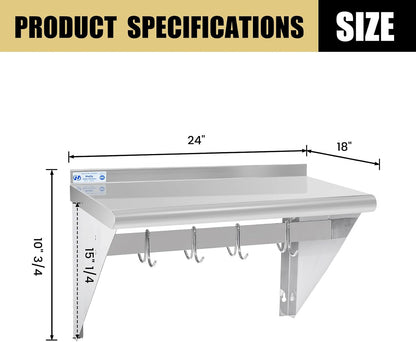 Hally Stainless Steel Shelf with 6 Hooks 12"x48" Wall Mounted Pot Rack NSF