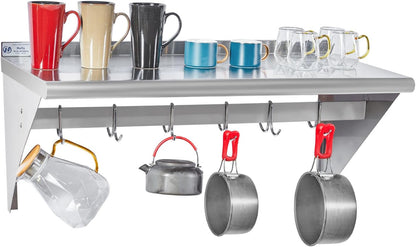 Hally Stainless Steel Shelf with 6 Hooks 12"x48" Wall Mounted Pot Rack NSF