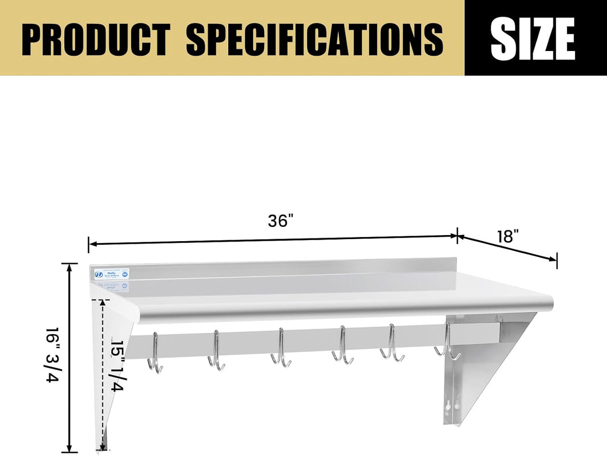 Hally Stainless Steel Shelf with 6 Hooks 12"x48" Wall Mounted Pot Rack NSF