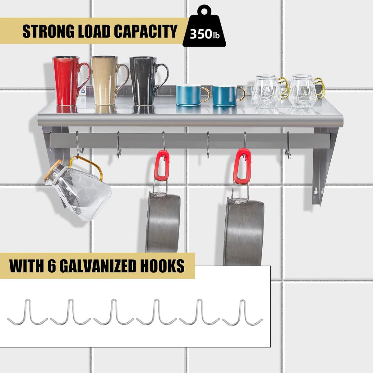 Hally Stainless Steel Shelf with 6 Hooks 12"x48" Wall Mounted Pot Rack NSF