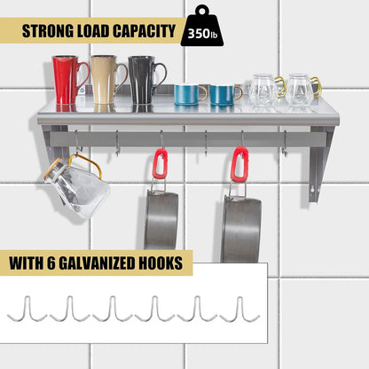 Hally Stainless Steel Shelf with 6 Hooks 12"x48" Wall Mounted Pot Rack NSF